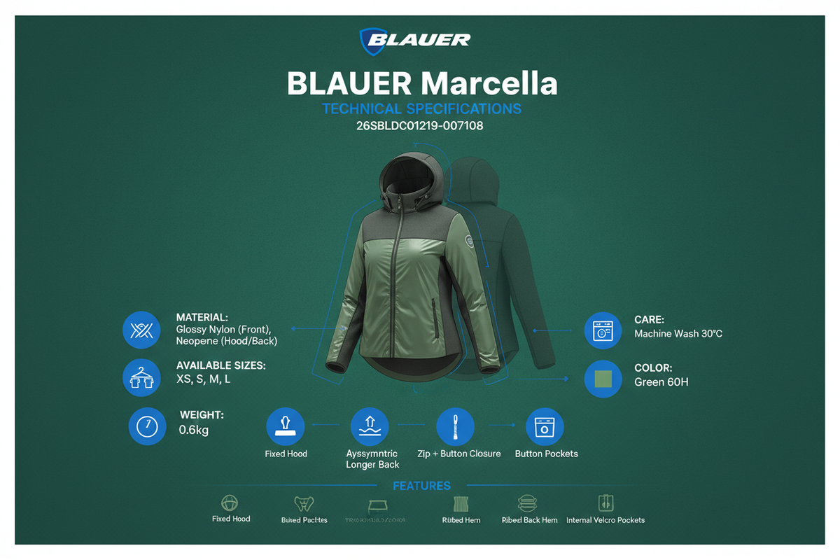 Infografica tecnica Giacca Blauer Marcella 26SBLDC01219-007108 donna verde: design asimmetrico, nylon lucido + neoprene, taglie XS-L, peso 0.6kg, cappuccio fisso