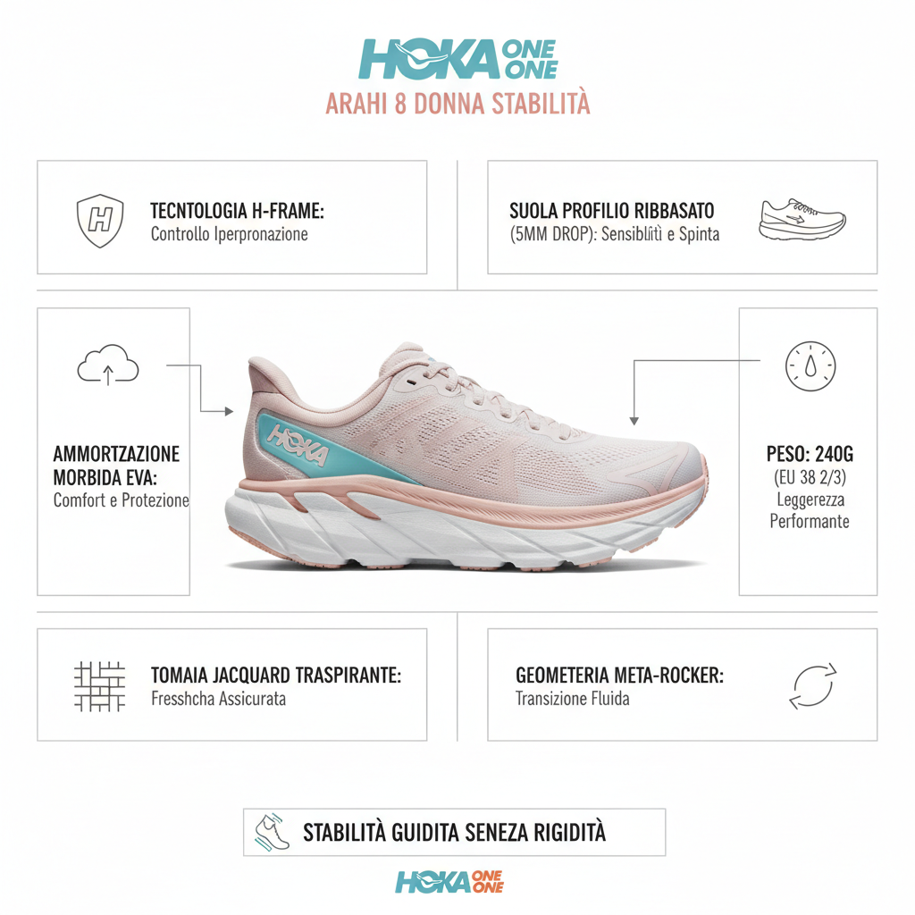 Infografica tecnica Hoka Arahi 8: H-Frame iperpronazione, EVA morbida, jacquard, drop 5mm, peso 240g
