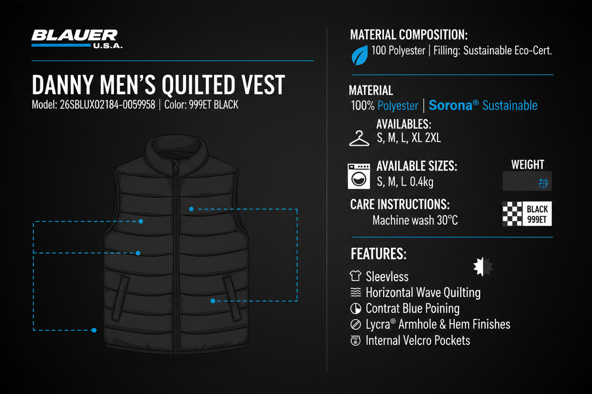 Infografica tecnica Gilet Blauer Danny 26SBLUX02184-005958 uomo nero quadri: imbottitura Sorona sostenibile, taglie S-2XL, peso 0.4kg, trapuntatura onde, versatilità massima