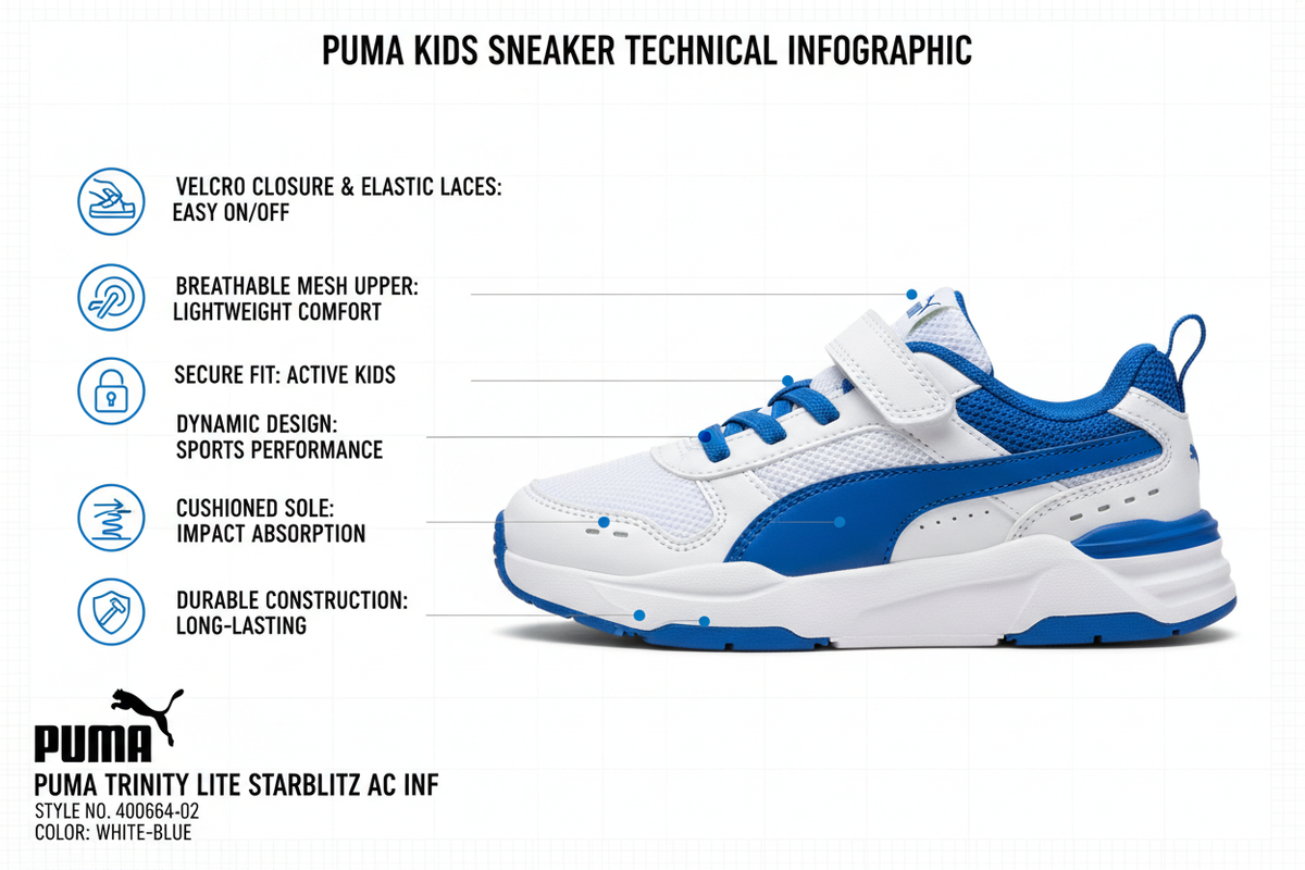 Puma Trinity Lite Starblitz AC Inf 400664-02 caratteristiche: velcro lacci elastici, mesh traspirante, suola ammortizzata, design dinamico, peso 120g, bianco blu