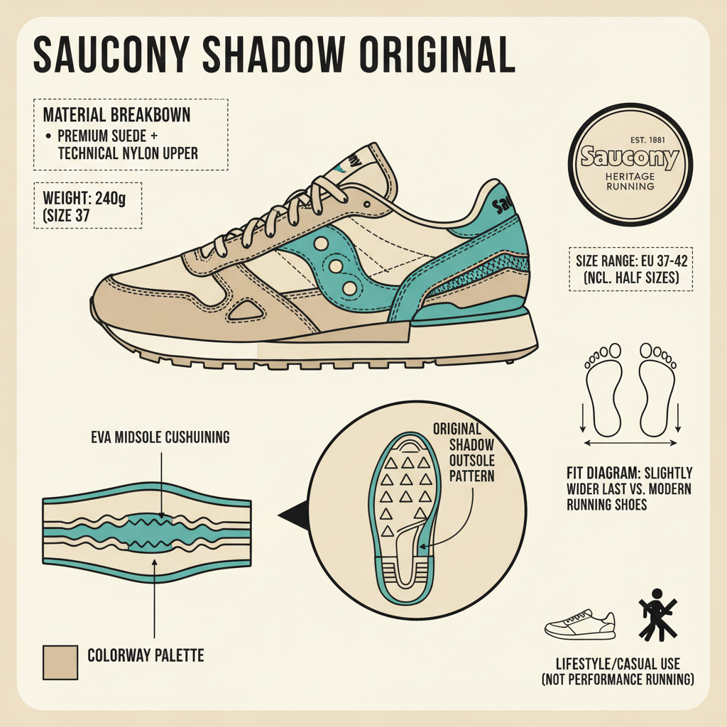 Infografica tecnica Saucony Shadow Original - heritage '80s suede nylon EVA 240g