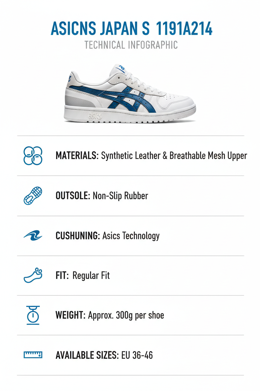 Infografica tecnica Asics Japan S 1191A214: caratteristiche materiali, peso, tecnologia ammortizzazione, vestibilità