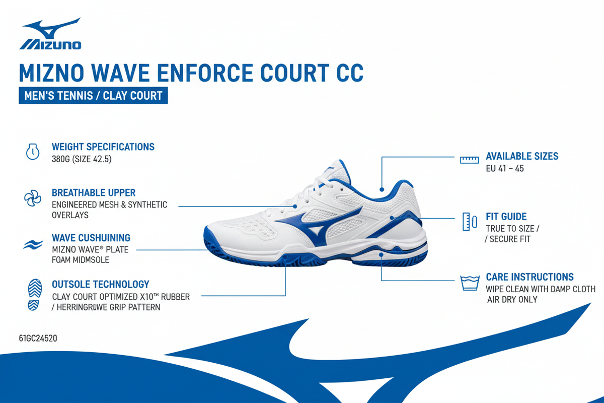 Infografica tecnica Mizuno Wave Enforce Court CC 61GC243520: tecnologia Wave ammortizzazione, suola herringbone terra rossa, materiali tomaia rinforzata, stabilità laterale, taglie 41-45, guida vestibilità