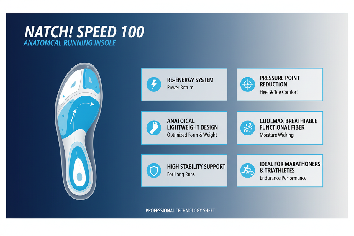Natch! Speed 100 soletta caratteristiche: RE-ENERGY SYSTEM ritorno energia, COOLMAX traspirante, anatomica leggera 30g, stabilità maratona, riduzione pressione