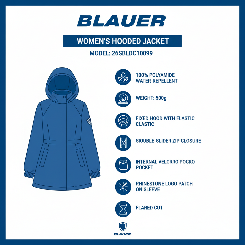 Infografica tecnica Blauer giubbino donna 26SBLDC10099: poliammide idrorepellente, peso 500g, cappuccio fisso, zip doppio cursore, tasche zip, taglio svasato
