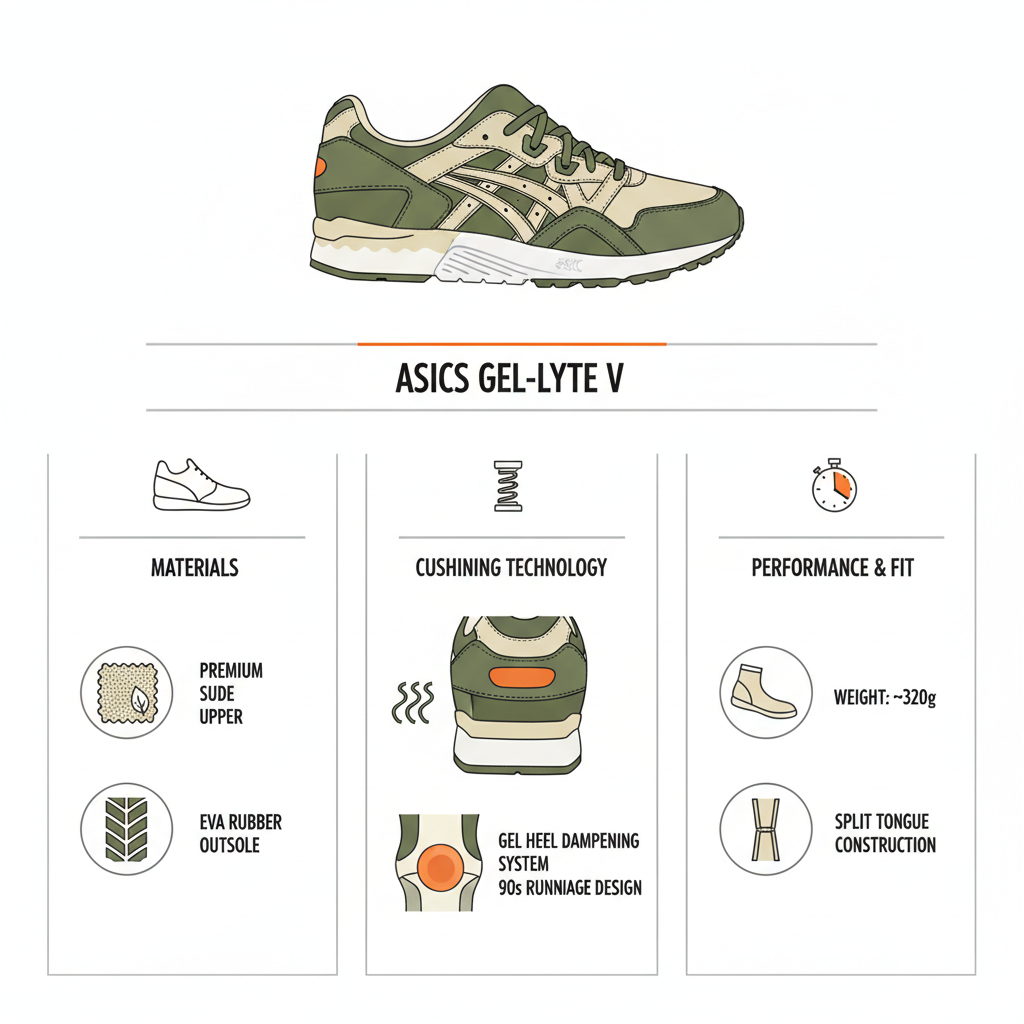 Infografica tecnica Asics Gel Lyte V: sistema Gel ammortizzazione tallone, tomaia pelle scamosciata premium, split tongue design, suola EVA, peso e design running heritage anni '90
