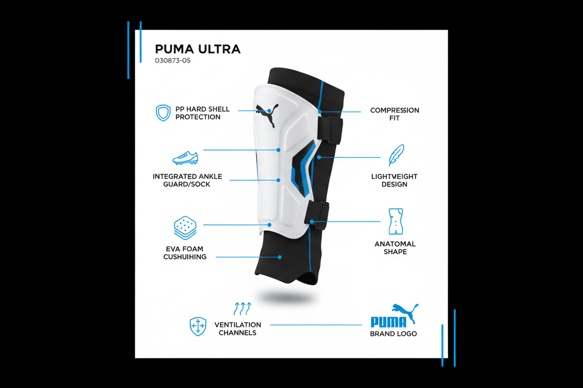 Puma parastinchi Ultra 030873-05 caratteristiche: guscio PP, gambale integrato protezione caviglia, EVA foam, compressione, anatomico, ventilazione, peso 95g