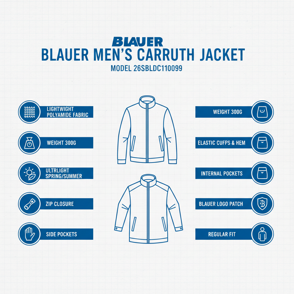 Infografica tecnica Blauer giubbino Carruth 26SBLDC11099: poliammide ultraleggero 300g, zip, tasche, elastico polsini, regular fit, riponibile