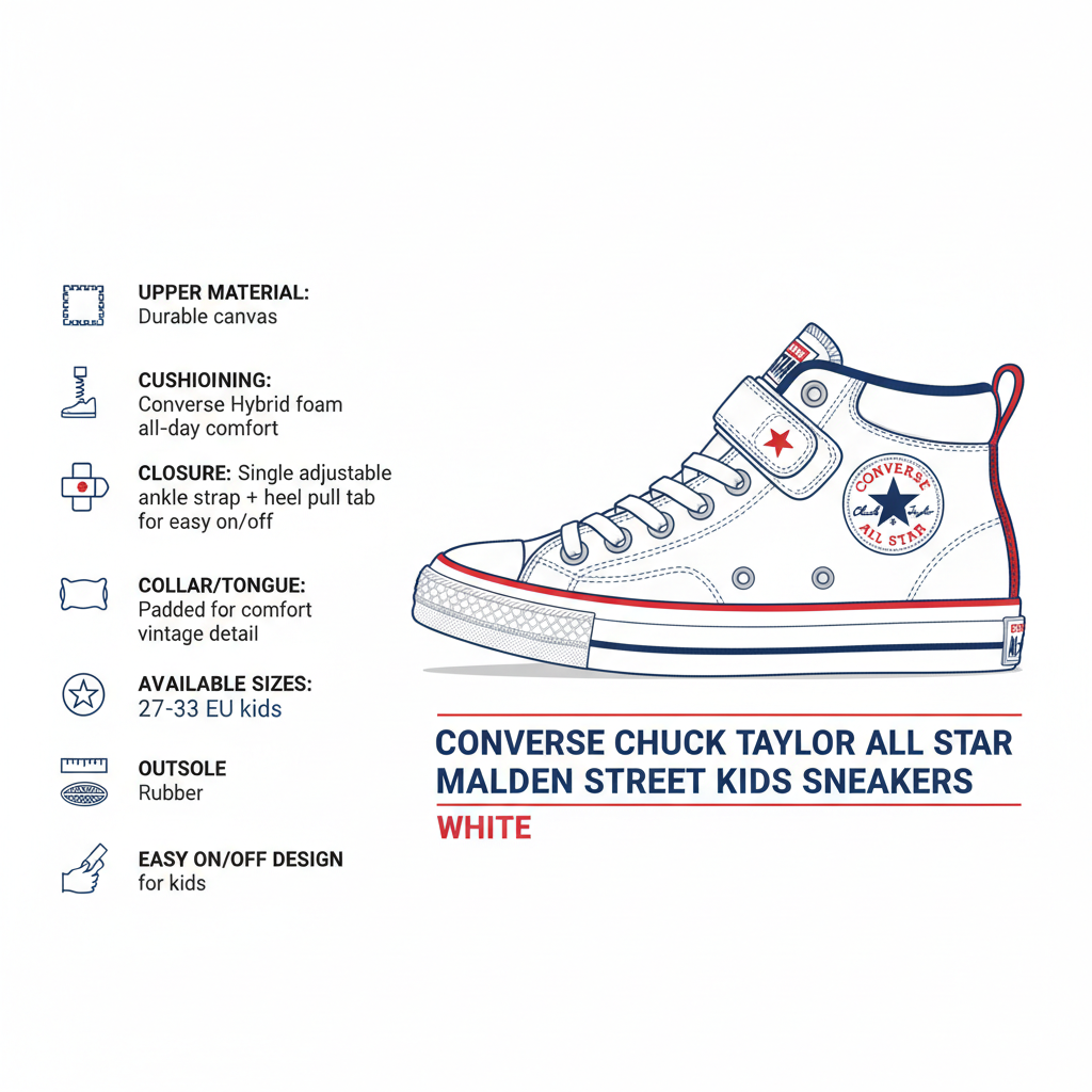 Infografica tecnica Converse Chuck Taylor Malden Street junior bianco - canvas resistente, Hybrid foam, fascetta caviglia, linguetta tallone, taglie 27-33