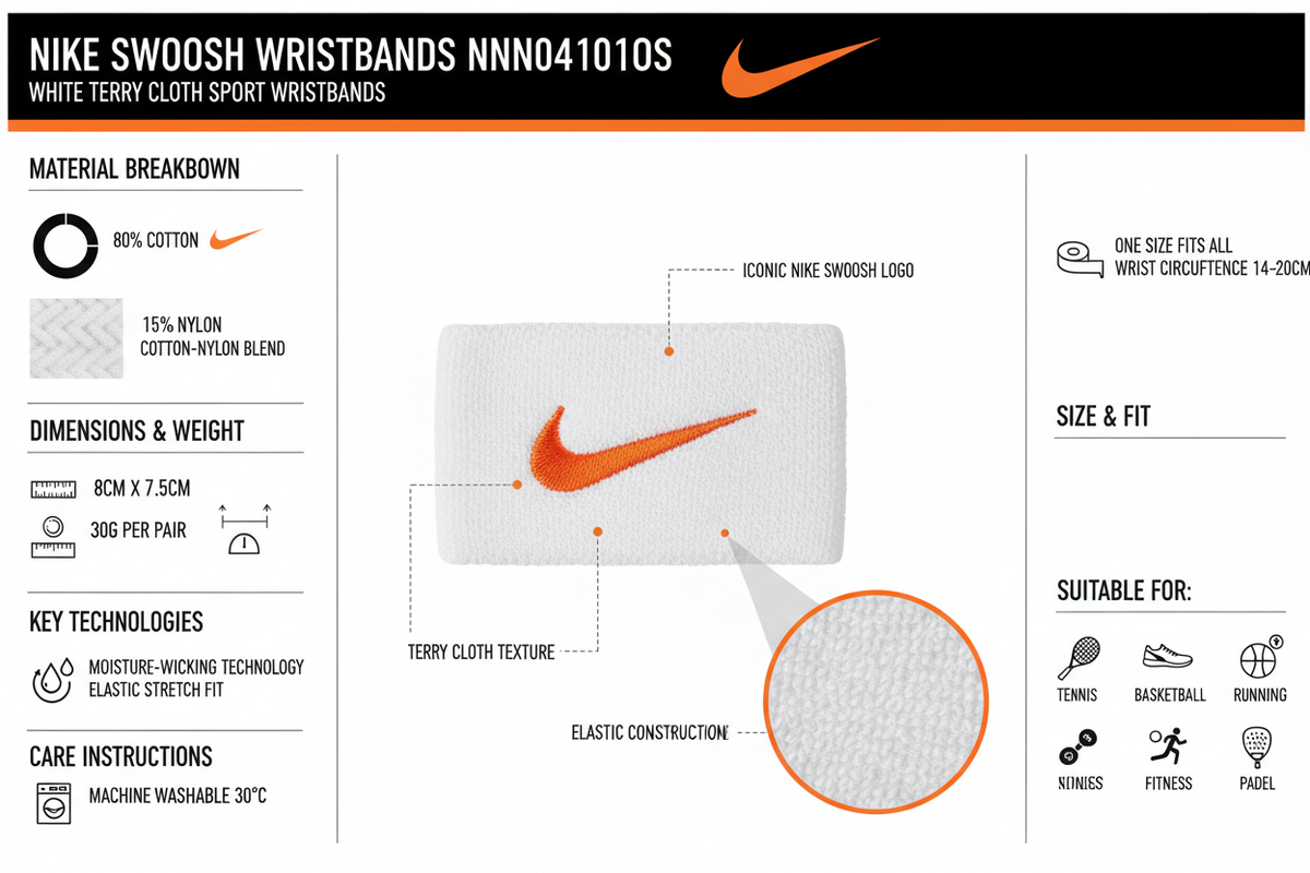 Infografica tecnica Nike Swoosh Wristbands NNN04101OS polsini tergisudore bianchi: cotone-nylon, logo Swoosh, taglia unica