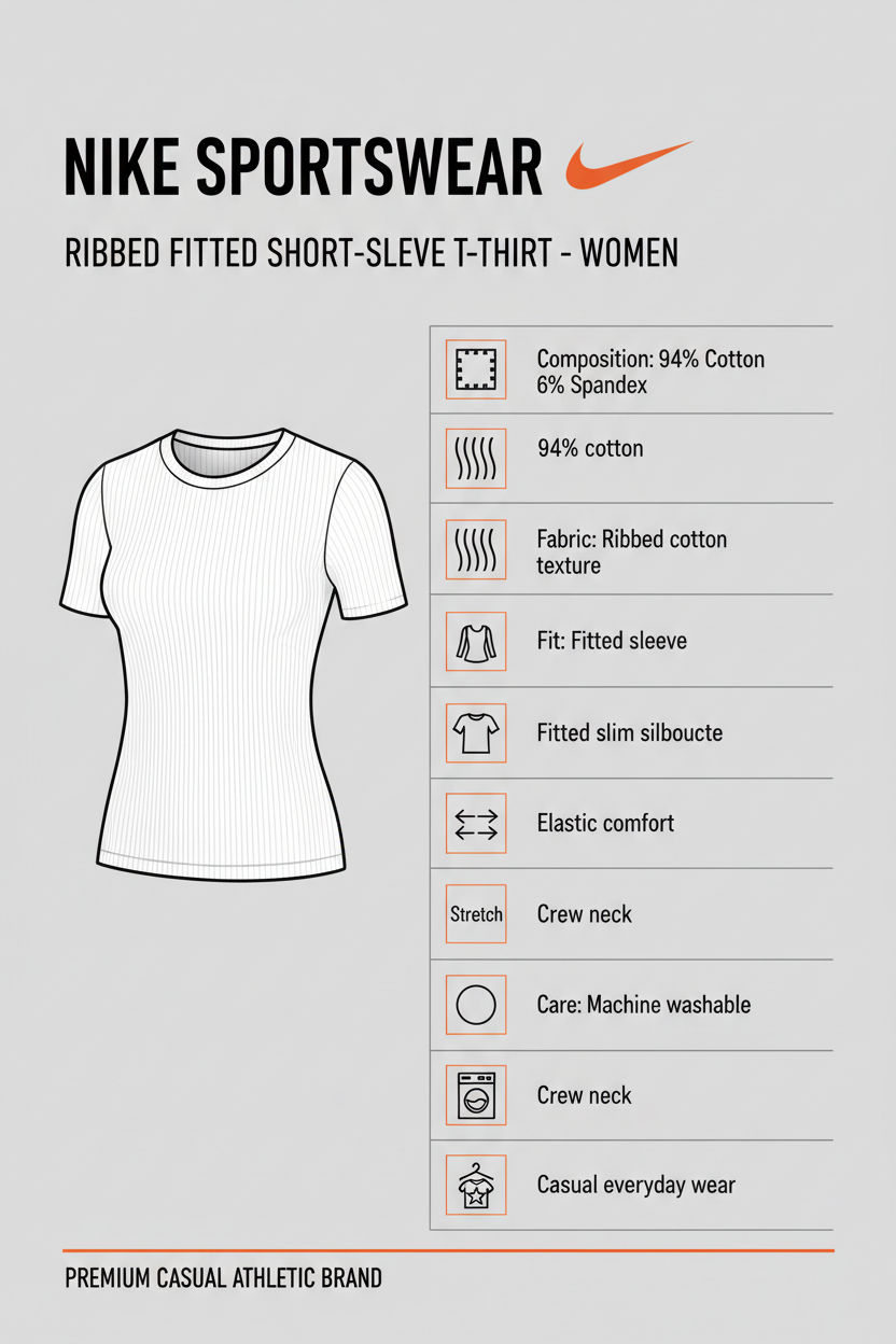 Infografica tecnica Nike Sportswear t-shirt donna: 94% cotone 6% spandex, tessuto a costine, vestibilità aderente, manica corta, stretch elastico, lavabile in lavatrice