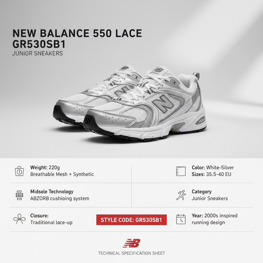 New Balance 530 Lace GR530SB1 sneakers junior specifiche tecniche: peso 220g, tomaia mesh traspirante, tecnologia ABZORB, taglie 35.5-40 EU, bianco argento
