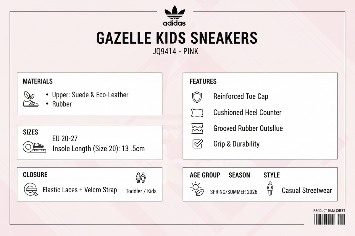 Infografica tecnica Adidas Gazelle JQ9414 bambini: materiali camoscio ecopelle, taglie 20-27, chiusura lacci elastici velcro, suola gomma antiscivolo