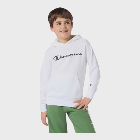 Champion felpa junior con cappuccio e tasca avanti 307358 WW001 bianca completo